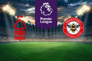 The image shows the logos of two Premier League football clubs, Nottingham Forest and Brentford, displayed on a football pitch background. The Nottingham Forest logo is on the left side, featuring a stylised tree with two stars above it and wavy lines below, along with the text