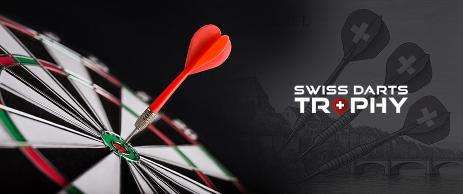 The image shows a close-up of a dartboard with a dart hitting the bullseye. The dart has a red flight. To the right of the dartboard, the text "Swiss Darts Trophy" is displayed, with the word "Trophy" stylised to include a small red diamond with a white cross in place of the letter "O" in "Trophy," echoing the Swiss national flag. The background on the right side features a faint image of three darts with Swiss flag designs on their flights, overlaid on a subtle illustration of a landscape with a bridge. The overall visual composition emphasises precision and national pride, creating a focused and compelling atmosphere for the Swiss Darts Trophy event.