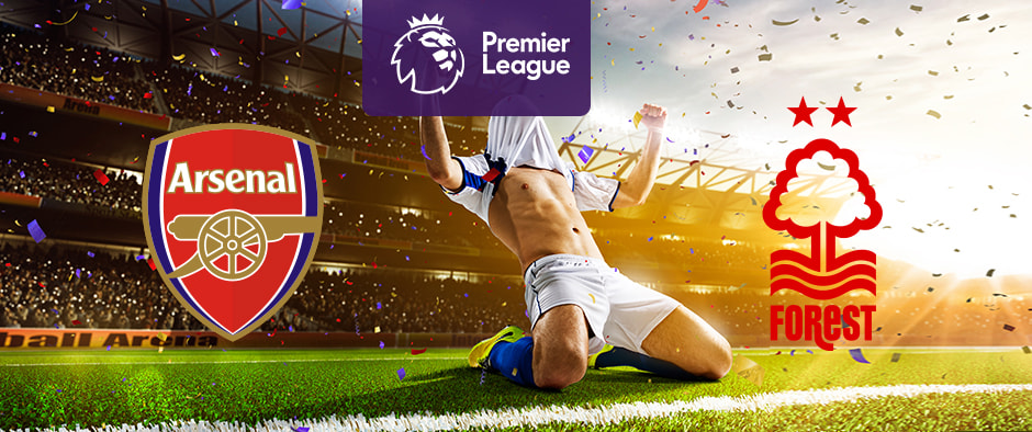 The image shows the logos of two football clubs, Arsenal and Nottingham Forest, displayed in front of a football player who is celebrating by sliding on the pitch. The Arsenal logo is on the left, featuring a red and gold shield with a cannon. The Nottingham Forest logo is on the right, featuring a tree and waves with two stars above it and the word "Forest" below. In the centre above the celebrating player is the Premier League logo, which includes a lion's head and the text "Premier League" below it on a purple background. The background depicts a stadium filled with cheering fans and confetti, creating a dynamic and exhilarating atmosphere.