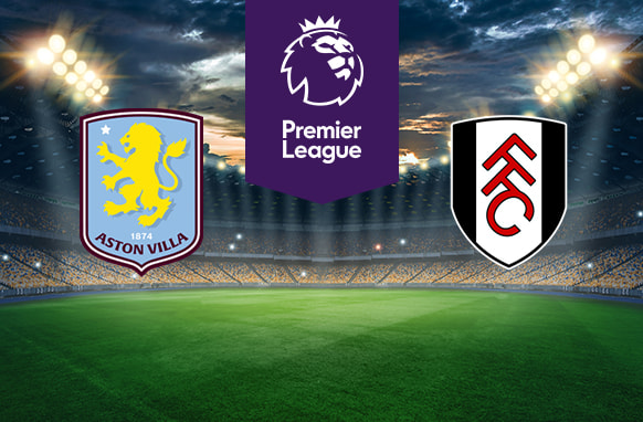 The image shows the logos of two football clubs, Aston Villa and Fulham, displayed on a football pitch. The Aston Villa logo is on the left, featuring a blue and claret shield with a yellow lion in the centre and the text "Aston Villa" along with the year "1874" at the bottom. The Fulham logo is on the right, featuring a black and white shield with the letters "FFC" in red. In the centre above the pitch is the Premier League logo, which includes a lion's head and the text "Premier League" below it on a purple background. The background depicts a stadium with dramatic lighting, creating an intense and vibrant atmosphere.