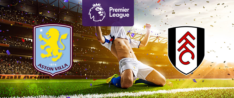 The image shows the logos of two football clubs, Aston Villa and Fulham, displayed in front of a football player celebrating by sliding on the pitch. The Aston Villa logo is on the left, featuring a blue and claret shield with a yellow lion in the centre and the text "Aston Villa" along with the year "1874" at the bottom. The Fulham logo is on the right, featuring a black and white shield with the letters "FFC" in red. In the centre above the celebrating player is the Premier League logo, which includes a lion's head and the text "Premier League" below it on a purple background. The background depicts a stadium filled with cheering fans and confetti, creating a dynamic and exhilarating atmosphere.