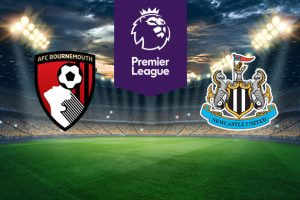 An illuminated football stadium backdrop. In the centre, a purple Premier League logo. On the left, the AFC Bournemouth Football Club emblem. On the right, the Newcastle United Football Club emblem.