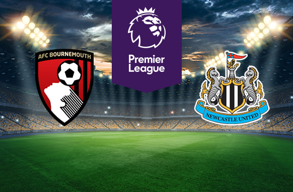 An illuminated football stadium backdrop. In the centre, a purple Premier League logo. On the left, the AFC Bournemouth Football Club emblem. On the right, the Newcastle United Football Club emblem.