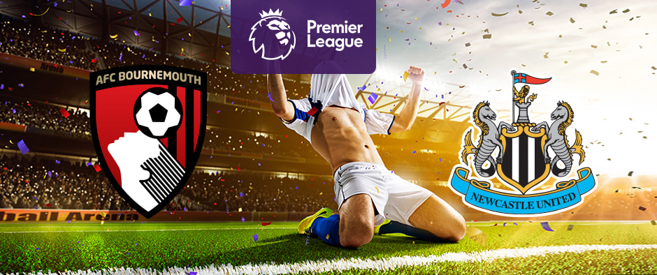 An illuminated football stadium backdrop with confetti in the air. In the centre, a purple Premier League logo. On the left, the AFC Bournemouth Football Club emblem. On the right, the Newcastle United Football Club emblem. In the foreground, a football player sliding on the grass in celebration.