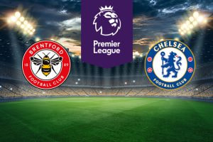 The image shows the logos of two football clubs, Brentford and Chelsea, displayed on a football pitch. The Brentford logo is on the left, featuring a red and white circular design with a bee in the centre and the text