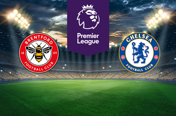 The image shows the logos of two football clubs, Brentford and Chelsea, displayed on a football pitch. The Brentford logo is on the left, featuring a red and white circular design with a bee in the centre and the text "Brentford Football Club" with the year "18" and "89" on either side of the bee. The Chelsea logo is on the right, featuring a blue circular design with a lion holding a staff in the centre and the text "Chelsea Football Club" around it. In the centre above the pitch is the Premier League logo, which includes a lion's head and the text "Premier League" below it on a purple background. The background depicts a stadium with dramatic lighting, creating an energetic and intense atmosphere.