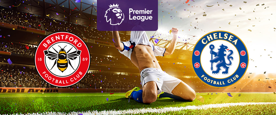 The image shows the logos of two football clubs, Brentford and Chelsea, displayed in front of a football player who is celebrating by sliding on the pitch. The Brentford logo is on the left, featuring a red and white circular design with a bee in the centre and the text "Brentford Football Club" with the year "18" and "89" on either side of the bee. The Chelsea logo is on the right, featuring a blue circular design with a lion holding a staff in the centre and the text "Chelsea Football Club" around it. In the centre above the celebrating player is the Premier League logo, which includes a lion's head and the text "Premier League" below it on a purple background. The background depicts a stadium filled with cheering fans and confetti, creating a dynamic and exhilarating atmosphere.