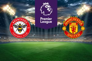 The image shows the logos of two football clubs, Brentford and Manchester United, displayed on a football pitch. The Brentford logo is on the left, featuring a red and white circular design with a bee in the centre and the text