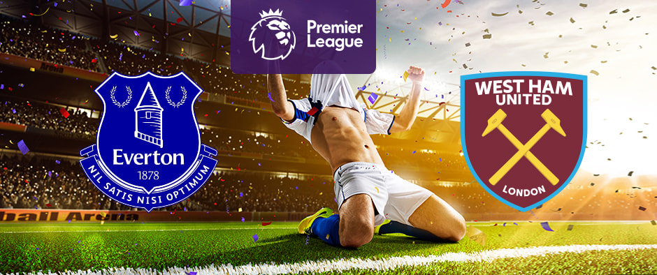 The image shows the logos of two football clubs, Everton and West Ham United, displayed in front of a football player celebrating by sliding on the pitch. The Everton logo is on the left, featuring a blue shield with the Prince Rupert's Tower in the centre, flanked by laurel wreaths with the text "Everton" and the year "1878" below it, as well as the Latin motto "Nil Satis Nisi Optimum". The West Ham United logo is on the right, featuring a claret and blue shield with two crossed hammers and the text "West Ham United London". In the centre above the celebrating player is the Premier League logo, which includes a lion's head and the text "Premier League" below it on a purple background. The background depicts a stadium filled with cheering fans and confetti, creating a dynamic and exhilarating atmosphere.