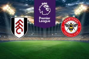 An illuminated football stadium backdrop. In the centre, a purple Premier League logo. On the left, the Fulham Football Club emblem. On the right, the Brentford Football Club emblem.