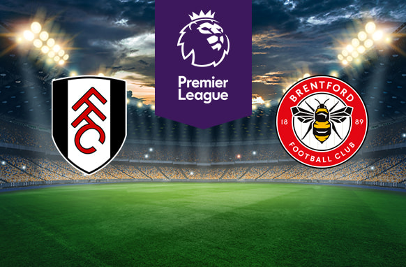 An illuminated football stadium backdrop. In the centre, a purple Premier League logo. On the left, the Fulham Football Club emblem. On the right, the Brentford Football Club emblem.