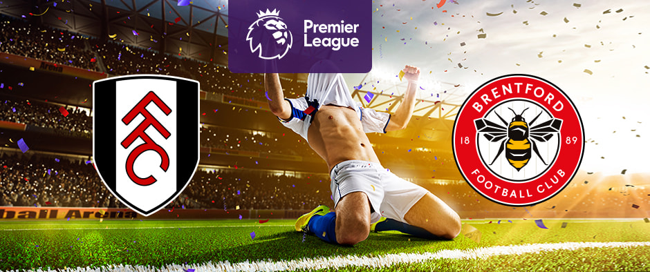 An illuminated football stadium backdrop with confetti in the air. In the centre, a purple Premier League logo. On the left, the Fulham Football Club emblem. On the right, the Brentford Football Club emblem. In the foreground, a football player sliding on the grass in celebration.