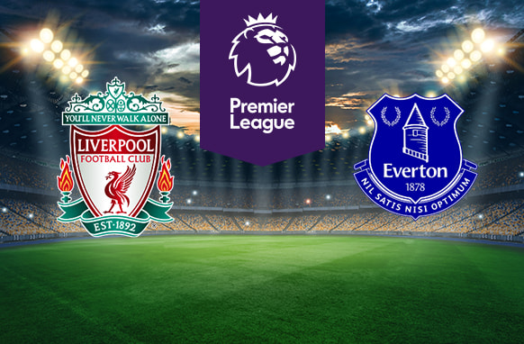 An illuminated football stadium backdrop. In the center, a purple Premier League logo. On the left, the Liverpool Football Club emblem with "You'll Never Walk Alone" text. On the right, the Everton Football Club emblem with "Nil Satis Nisi Optimum" text.