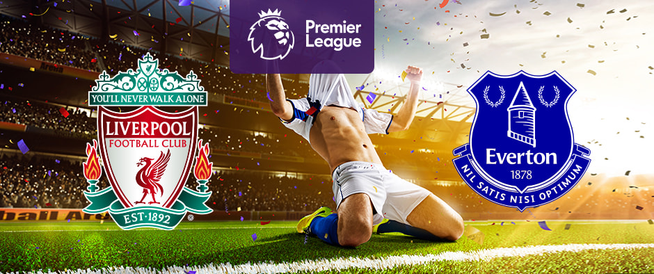 An illuminated football stadium backdrop with confetti in the air. In the center, a purple Premier League logo. On the left, the Liverpool Football Club emblem with "You'll Never Walk Alone" text. On the right, the Everton Football Club emblem with "Nil Satis Nisi Optimum" text. In the foreground, a football player sliding on the grass in celebration.