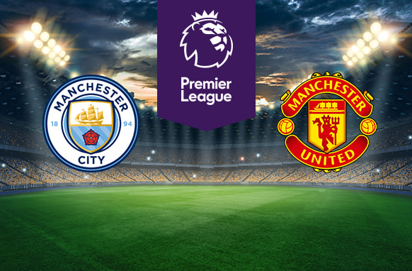The image shows the logos of two football clubs, Manchester City and Manchester United, displayed on a football pitch. The Manchester City logo is on the left, featuring a circular design with a blue shield that includes a ship and a red rose, and the text "Manchester City" with the years "18" and "94" on either side. The Manchester United logo is on the right, featuring a red and yellow crest with a ship and a devil, and the text "Manchester United" around it. In the centre above the pitch is the Premier League logo, which includes a lion's head and the text "Premier League" below it on a purple background. The background depicts a stadium with dramatic lighting, creating an intense and vibrant atmosphere.