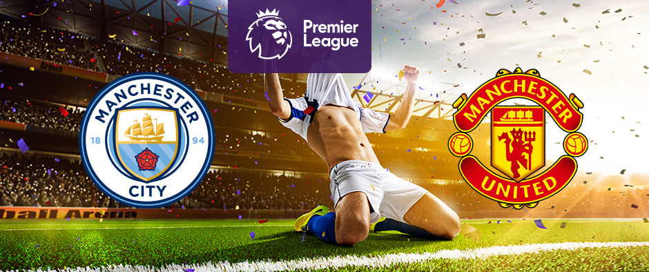 The image shows the logos of two football clubs, Manchester City and Manchester United, displayed in front of a football player who is celebrating by sliding on the pitch. The Manchester City logo is on the left, featuring a circular design with a blue shield that includes a ship and a red rose, and the text "Manchester City" with the years "18" and "94" on either side. The Manchester United logo is on the right, featuring a red and yellow crest with a ship and a devil, and the text "Manchester United" around it. In the centre above the celebrating player is the Premier League logo, which includes a lion's head and the text "Premier League" below it on a purple background. The background depicts a stadium filled with cheering fans and confetti, creating a dynamic and exhilarating atmosphere.