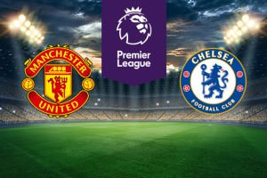 An illuminated football stadium backdrop. In the center, a purple Premier League logo. On the left, the Manchester United Football Club emblem. On the right, the Chelsea Football Club emblem.