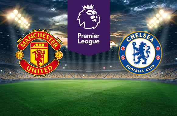 An illuminated football stadium backdrop. In the center, a purple Premier League logo. On the left, the Manchester United Football Club emblem. On the right, the Chelsea Football Club emblem.