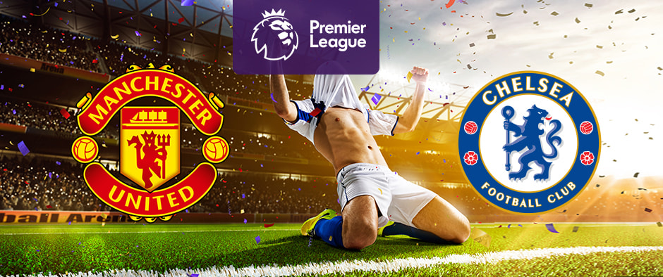 An illuminated football stadium backdrop with confetti in the air. In the centre, a purple Premier League logo. On the left, the Manchester United Football Club emblem. On the right, the Chelsea Football Club emblem. In the foreground, a football player is sliding on the grass in celebration.