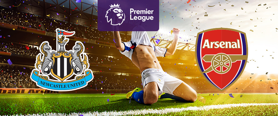 The image shows the logos of two football clubs, Newcastle United and Arsenal, displayed in front of a football player celebrating by sliding on the pitch. The Newcastle United logo is on the left, featuring a shield with two seahorses, a stylised castle, and a flag, with the text "Newcastle United" on a banner at the bottom. The Arsenal logo is on the right, featuring a red and white shield with a cannon and the text "Arsenal" in white. In the centre above the celebrating player is the Premier League logo, which includes a lion's head and the text "Premier League" below it on a purple background. The background depicts a stadium filled with cheering fans and confetti, creating a dynamic and exhilarating atmosphere.