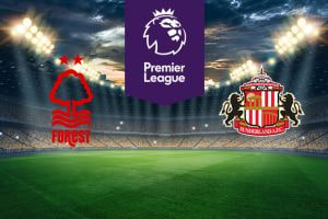 The image shows the logos of two football clubs, Nottingham Forest and Sunderland AFC, displayed on a football pitch. The Nottingham Forest logo is on the left, featuring a red tree silhouette with wavy lines below it and the text