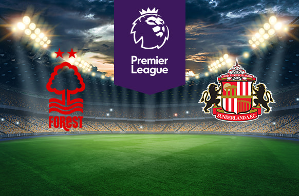 The image shows the logos of two football clubs, Nottingham Forest and Sunderland AFC, displayed on a football pitch. The Nottingham Forest logo is on the left, featuring a red tree silhouette with wavy lines below it and the text "Forest" underneath, along with two red stars above the tree. The Sunderland AFC logo is on the right, featuring a red and white shield with two lions on either side and the text "Sunderland AFC" on a banner at the bottom of the shield. In the centre above the pitch is the Premier League logo, which includes a lion's head and the text "Premier League" below it on a purple background. The background depicts a stadium with dramatic lighting, creating an intense and vibrant atmosphere.