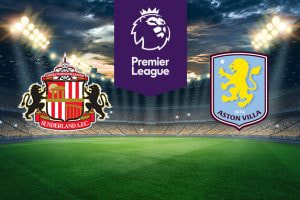 An illuminated football stadium backdrop. In the centre, a purple Premier League logo. On the left, the Sunderland A.F.C. emblem. On the right, the Aston Villa Football Club emblem.
