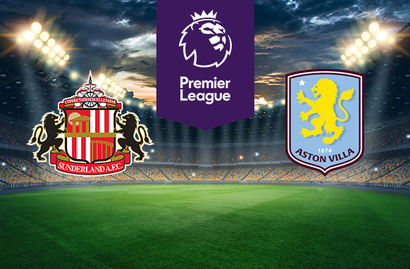An illuminated football stadium backdrop. In the centre, a purple Premier League logo. On the left, the Sunderland A.F.C. emblem. On the right, the Aston Villa Football Club emblem.