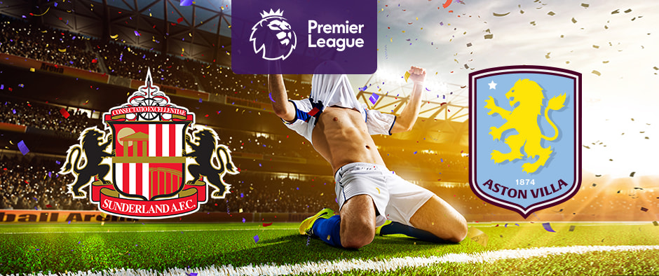 An illuminated football stadium backdrop with confetti in the air. In the centre, a purple Premier League logo. On the left, the Sunderland A.F.C. emblem. On the right, the Aston Villa Football Club emblem. In the foreground, a football player sliding on the grass in celebration.