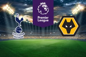 The image shows the logos of two football clubs, Tottenham Hotspur and Wolverhampton Wanderers, displayed on a football pitch. The Tottenham Hotspur logo is on the left, featuring a stylised cockerel standing on a football with the text