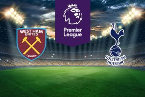 The image shows the logos of two football clubs, West Ham United and Tottenham Hotspur, displayed on a football pitch. The West Ham United logo is on the left, featuring a shield with crossed hammers and the text