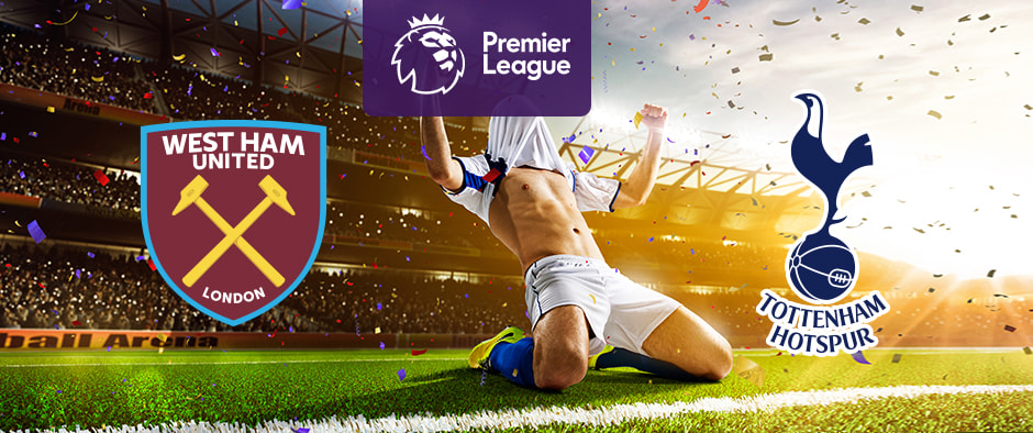 The image shows the logos of two football clubs, West Ham United and Tottenham Hotspur, displayed in front of a football player who is celebrating by sliding on the pitch. The West Ham United logo is on the left, featuring a shield with crossed hammers and the text "West Ham United London." The Tottenham Hotspur logo is on the right, featuring a cockerel standing on a football with the text "Tottenham Hotspur" below. In the centre above the celebrating player is the Premier League logo, which includes a lion's head and the text "Premier League" below it on a purple background. The background depicts a stadium filled with cheering fans and confetti, creating a dynamic and exhilarating atmosphere.