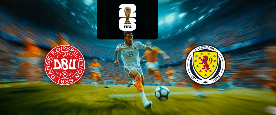 The image shows the logos of two national football associations, the Danish Football Association and the Scottish Football Association, displayed in front of a football player who is in action, running towards the ball. The Danish logo is on the left, featuring a red circular design with the text "Dansk Boldspil-Union" and "1889." The Scottish logo is on the right, featuring a yellow shield with a red lion and the text "Scotland" and "Est. 1873." In the centre is the FIFA logo, which includes the FIFA World Cup Trophy with the text "FIFA" below it on a black background. The background depicts a stadium filled with cheering fans, creating a dynamic and intense atmosphere.