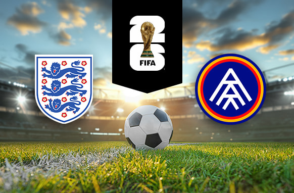 The image shows the logos of two national football associations, The Football Association (England) and the Andorran Football Federation, displayed on a football pitch with a football in the centre. The English logo is on the left, featuring three blue lions on a shield with red roses. The Andorran logo is on the right, featuring a blue and red circular design with intersecting lines. In the centre above the football is the FIFA logo, which includes the FIFA World Cup Trophy and "FIFA" below it on a black background. The background depicts a stadium with dramatic sky lighting, creating a dynamic and intense atmosphere.