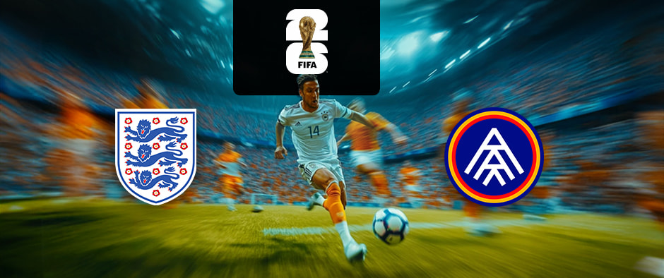 The image shows the logos of two national football associations, The Football Association (England) and the Andorran Football Federation, displayed in front of a football player who is in action, running towards the ball. The English logo is on the left, featuring three blue lions on a shield with red roses. The Andorran logo is on the right, featuring a blue and red circular design with intersecting lines. In the centre is the FIFA logo, which includes the FIFA World Cup Trophy with the text "FIFA" below it on a black background. The background depicts a stadium filled with cheering fans, creating a dynamic and intense atmosphere.