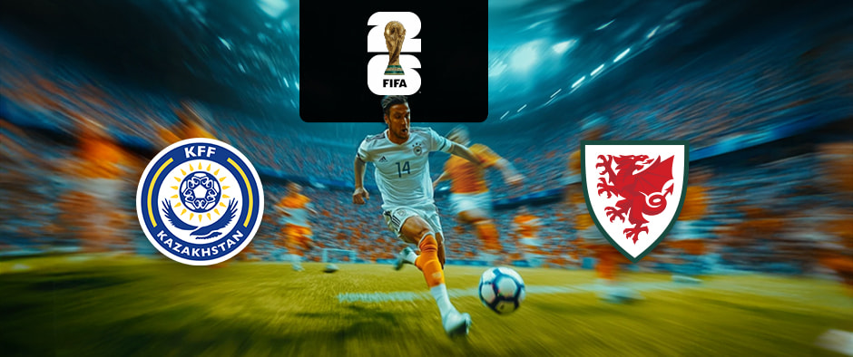 The image shows the logos of two national football associations, the Kazakhstan Football Federation and the Football Association of Wales, displayed in front of a football player who is in action, running towards the ball. The Kazakhstan logo is on the left, featuring a blue and yellow circular design with the text "KFF Kazakhstan." The Wales logo is on the right, featuring a red dragon on a shield. In the centre is the FIFA logo, which includes the FIFA World Cup Trophy with the text "FIFA" below it on a black background. The background depicts a stadium filled with cheering fans, creating a dynamic and intense atmosphere.
