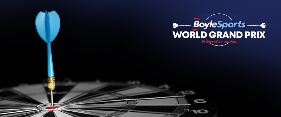 The image features a blue dart sticking precisely into the bullseye of a dartboard, representing a perfect shot. To the right of the dartboard, the text "BoyleSports World Grand Prix" is displayed, with a logo of two small darts incorporated into the design. The text "MasterCaller.com" appears beneath the main title. The background is dark, creating a stark contrast that highlights the blue dart and the sharp focus on the bullseye, emphasising precision and achievement. The overall atmosphere conveys the significance and excitement of the event.