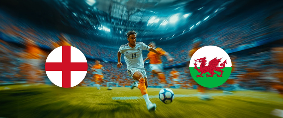 The image portrays two national football team logos on either side of a dynamic football scene. On the left, there is the flag of England, featuring a red cross of Saint George on a white background. On the right, there is the flag of Wales, displaying a red dragon passant on a green and white field. In the centre of the image, a football player is in action, running and dribbling the ball on the pitch. The background depicts a stadium filled with spectators, with motion blur creating a sense of speed and intensity. The overall atmosphere of the image is one of excitement and high energy, capturing the competitive spirit of the match between the two nations.