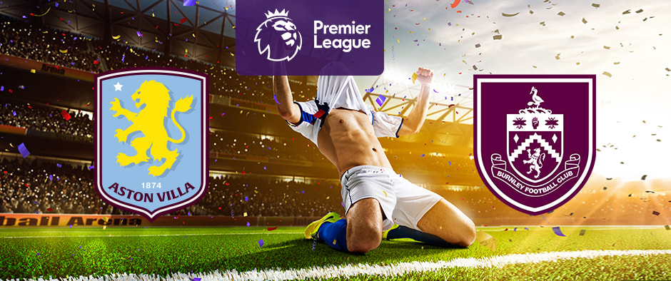  The image shows the logos of two football clubs, Aston Villa and Burnley, displayed in front of a football player celebrating by sliding on the pitch. The Aston Villa logo is on the left, featuring a yellow lion on a light blue shield with the text "ASTON VILLA" and the year "1874" at the bottom. The Burnley logo is on the right, featuring a burgundy and white shield with various symbols, including a stork and a hand, with the text "BURNLEY FOOTBALL CLUB" surrounding it. In the centre above the celebrating player is the Premier League logo, which includes a lion's head and the text "Premier League" below it on a purple background. The background depicts a stadium filled with cheering fans and confetti, creating a dynamic and exhilarating atmosphere.
