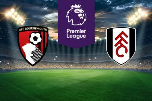 The image shows the logos of two football clubs, AFC Bournemouth and Fulham, displayed on a football pitch. The AFC Bournemouth logo is on the left, featuring a red and black shield with a stylised silhouette of a player heading a football, and the text