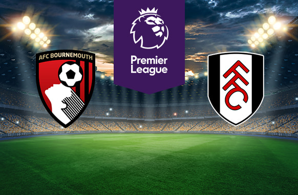 The image shows the logos of two football clubs, AFC Bournemouth and Fulham, displayed on a football pitch. The AFC Bournemouth logo is on the left, featuring a red and black shield with a stylised silhouette of a player heading a football, and the text "AFC Bournemouth" at the top. The Fulham logo is on the right, featuring a black and white shield with the letters "FFC" in red. In the centre above the pitch is the Premier League logo, which includes a lion's head and the text "Premier League" below it on a purple background. The background depicts a stadium with dramatic lighting, creating an intense and vibrant atmosphere.