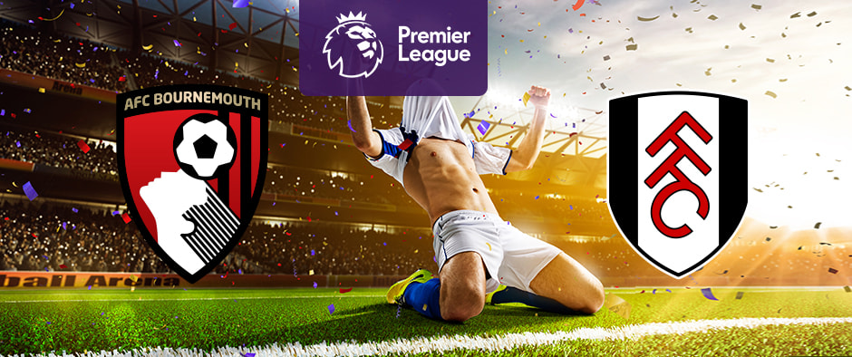 The image shows the logos of two football clubs, AFC Bournemouth and Fulham, displayed in front of a football player celebrating by sliding on the pitch. The AFC Bournemouth logo is on the left, featuring a red and black shield with a stylised silhouette of a player heading a football, and the text "AFC Bournemouth" at the top. The Fulham logo is on the right, featuring a black and white shield with the letters "FFC" in red. In the centre above the celebrating player is the Premier League logo, which includes a lion's head and the text "Premier League" below it on a purple background. The background depicts a stadium filled with cheering fans and confetti, creating a dynamic and exhilarating atmosphere.