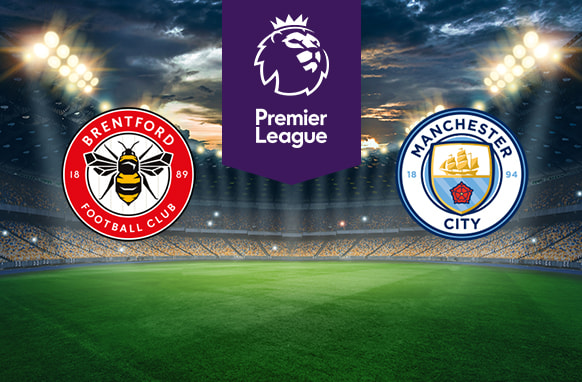 The image shows the logos of two football clubs, Brentford and Manchester City, displayed on a football pitch. The Brentford logo is on the left, featuring a circle with a bee in the centre and the text "BRENTFORD FOOTBALL CLUB" along the top and bottom, with the years "18" and "89" on either side. The Manchester City logo is on the right, featuring a circle with a ship in the centre and the text "MANCHESTER CITY" around the top and bottom, with the years "18" and "94" on either side. In the centre above the pitch is the Premier League logo, which includes a lion's head and the text "Premier League" below it on a purple background. The background depicts a stadium with dramatic lighting, creating an intense and vibrant atmosphere.