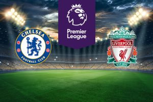 The image shows the logos of two football clubs, Chelsea and Liverpool, displayed on a football pitch. The Chelsea logo is on the left, featuring a blue circular crest with a lion holding a staff in the centre, surrounded by red roses and footballs, with the text