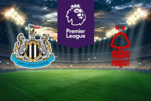 The image shows the logos of two football clubs, Newcastle United and Nottingham Forest, displayed on a football pitch. The Newcastle United logo is on the left, featuring a detailed coat of arms with two seahorses and a lion, with a blue scroll bearing the text