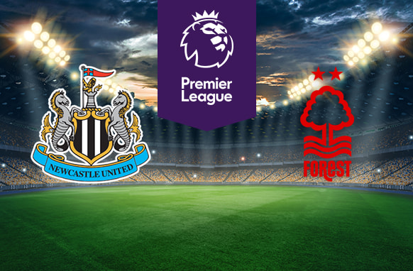 The image shows the logos of two football clubs, Newcastle United and Nottingham Forest, displayed on a football pitch. The Newcastle United logo is on the left, featuring a detailed coat of arms with two seahorses and a lion, with a blue scroll bearing the text "NEWCASTLE UNITED." The Nottingham Forest logo is on the right, featuring a stylised tree above wavy lines, with two stars above the tree and the text "FOREST" below the lines. In the centre above the pitch is the Premier League logo, which includes a lion's head and the text "Premier League" below it on a purple background. The background depicts a stadium with dramatic lighting, creating an intense and vibrant atmosphere.