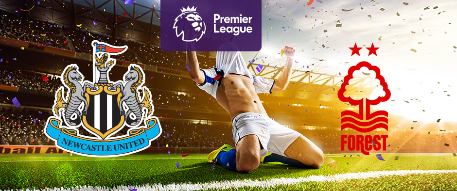  The image shows the logos of two football clubs, Newcastle United and Nottingham Forest, displayed in front of a football player celebrating by sliding on the pitch. The Newcastle United logo is on the left, featuring a detailed coat of arms with two seahorses and a lion, with a blue scroll bearing the text "NEWCASTLE UNITED." The Nottingham Forest logo is on the right, featuring a stylised tree above wavy lines, with two stars above the tree and the text "FOREST" below the lines. In the centre above the celebrating player is the Premier League logo, which includes a lion's head and the text "Premier League" below it on a purple background. The background depicts a stadium filled with cheering fans and confetti, creating a dynamic and exhilarating atmosphere.
