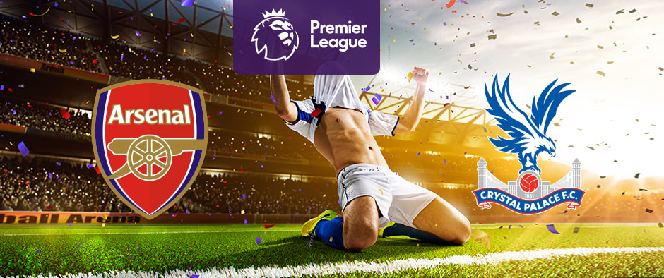 The image features the logos of two Premier League football teams. On the left is Arsenal's logo, which features a cannon with the club's name above it on a red and gold shield-shaped badge. On the right is Crystal Palace's logo, displaying an eagle with its wings spread, perched on top of a football and the club's name below, with a ribbon and the year 1905 (when the club was founded). Above the logos in the centre is the Premier League logo with a stylised lion's head and the words "Premier League" on a purple background. In the centre of the image, a football player is celebrating on the pitch. The background shows a stadium filled with cheering fans, confetti, and dramatic lighting, creating an atmosphere of excitement and celebration.