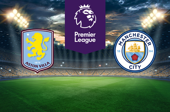 The image features two Premier League football team logos on a football pitch. On the left is Aston Villa's logo, which features a yellow lion standing on its hind legs with a star above it. The logo includes the club's name and the year of establishment (1874) on a claret and blue shield-shaped badge. On the right is Manchester City's logo, displaying a circular crest with a ship above a red rose, the club's name, and the year 1894 (when the club was founded). Above the logos in the centre is the Premier League logo with a stylised lion's head and the words "Premier League" on a purple background. The background shows a stadium with bright lights and a dramatic sky, creating an atmosphere of anticipation and excitement.