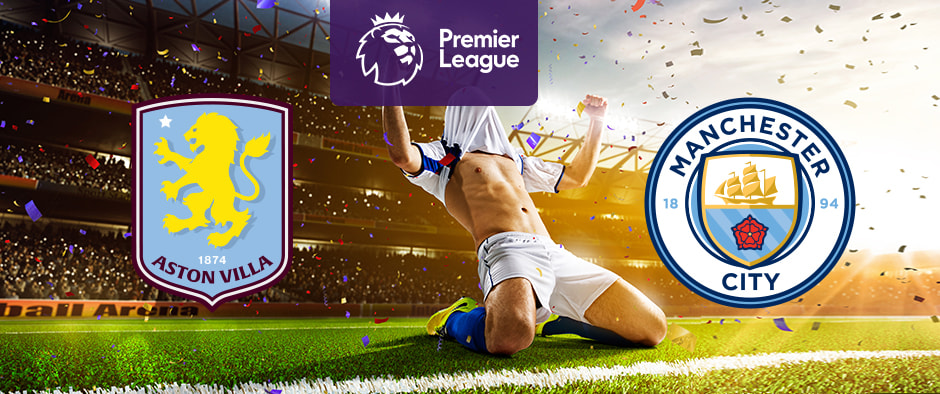 The image features the logos of two Premier League football teams. On the left is Aston Villa's logo, which features a yellow lion standing on its hind legs with a star above it. The logo includes the club's name and the year of establishment (1874) on a claret and blue shield-shaped badge. On the right is Manchester City's logo, displaying a circular crest with a ship above a red rose, the club's name, and the year 1894 (when the club was founded). Above the logos in the centre is the Premier League logo with a stylised lion's head and the words "Premier League" on a purple background. In the centre of the image, a football player is celebrating on the pitch. The background shows a stadium filled with cheering fans, confetti, and dramatic lighting, creating an atmosphere of excitement and celebration.